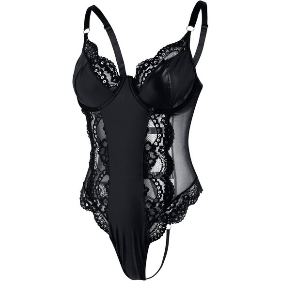 Lilosy Sexy Black Lace Sheer Corset Lingerie Push Up Underwire One Piece Teddy - Picture 5 of 5